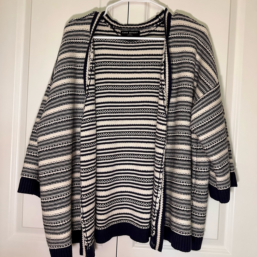 Lane Bryant Navy and White Striped Open-Front Sweater
